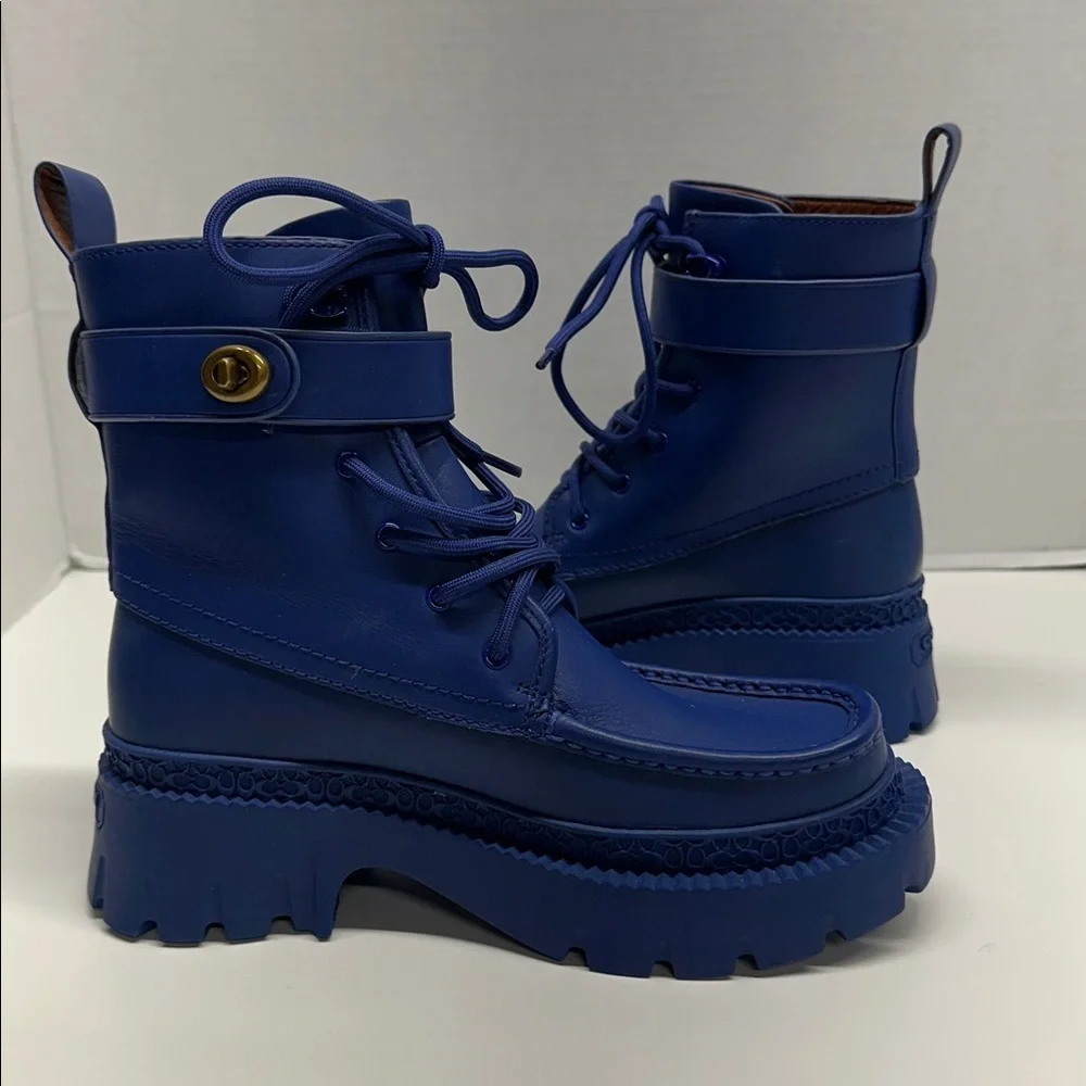 Coach Lace Up Bootie Ankle Boots Leather Rubber Sapphire Blue Womens Size 5.5